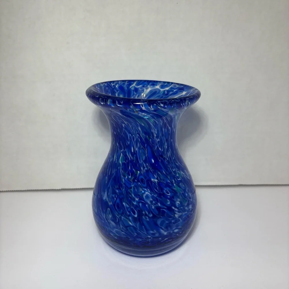 Cobalt Blue Vase White Swirl Art Glass Heavy Glass 5.5” Smooth Bottom Home Decor
